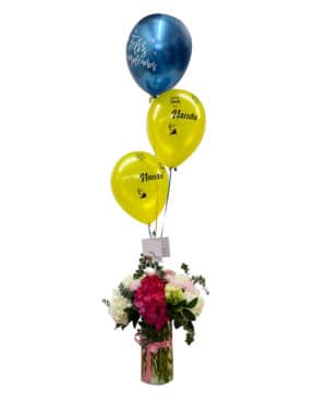 arreglo floral hortensias globos personalizados