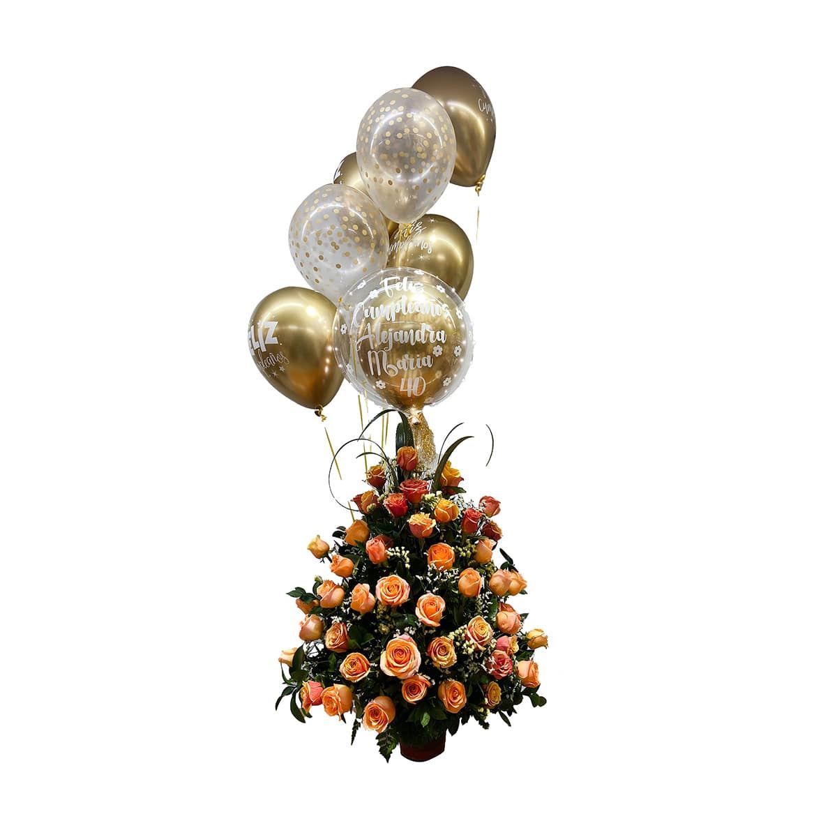 arreglo floral oro con globos