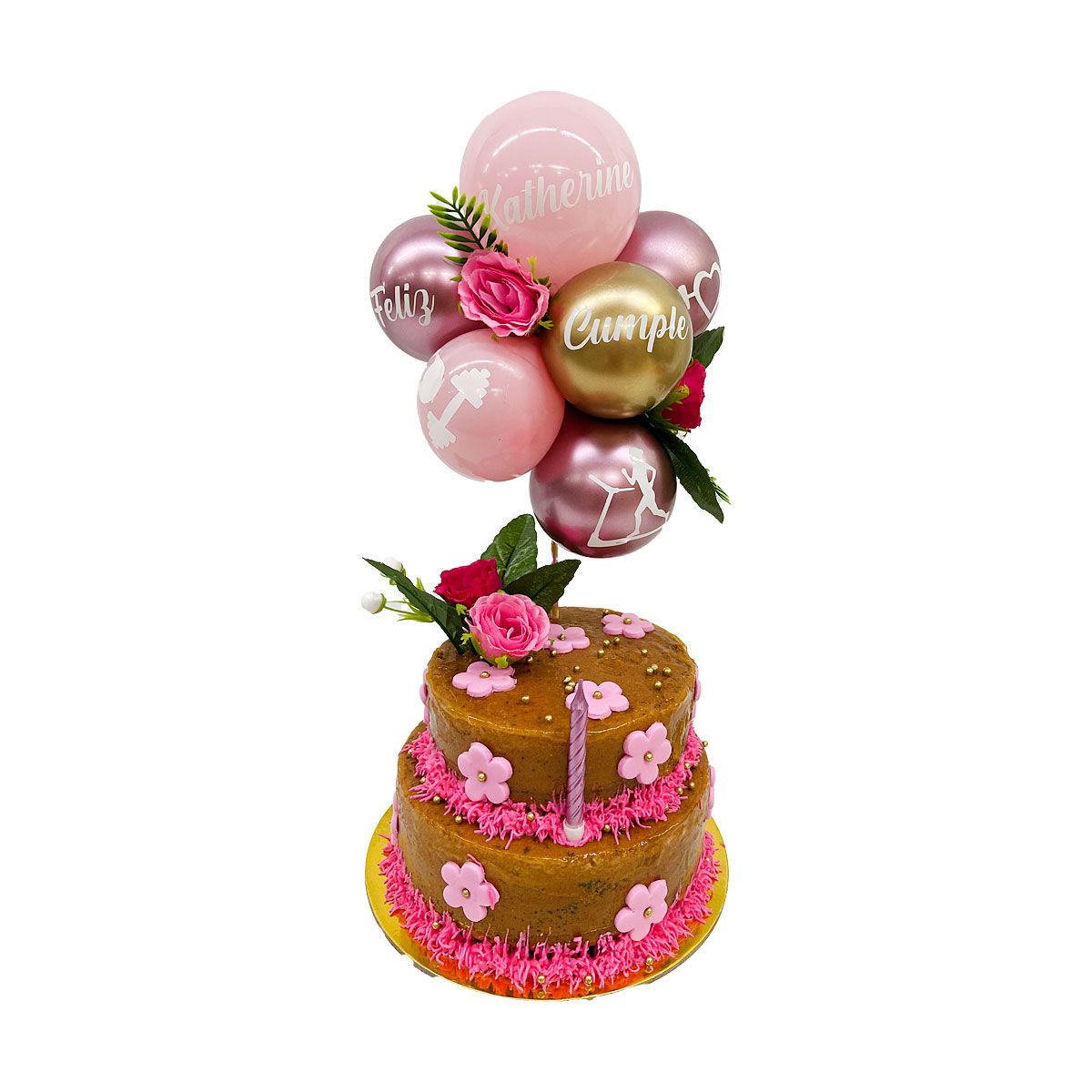 torta sin past adorno globos y rosas