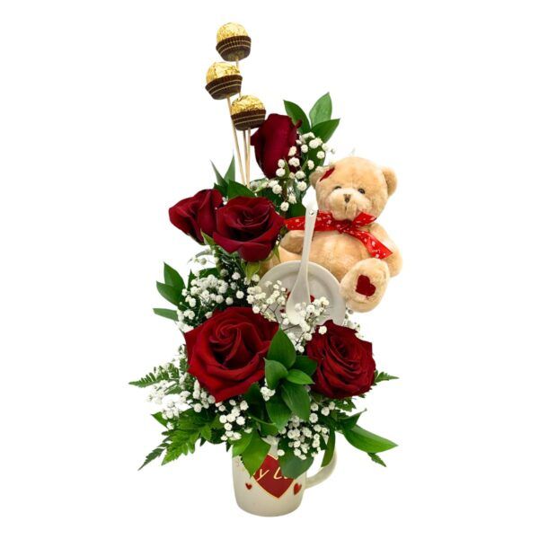 arreglo floral mug cuchara oso choco