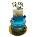 torta 2 pisos azul lineas bolitas