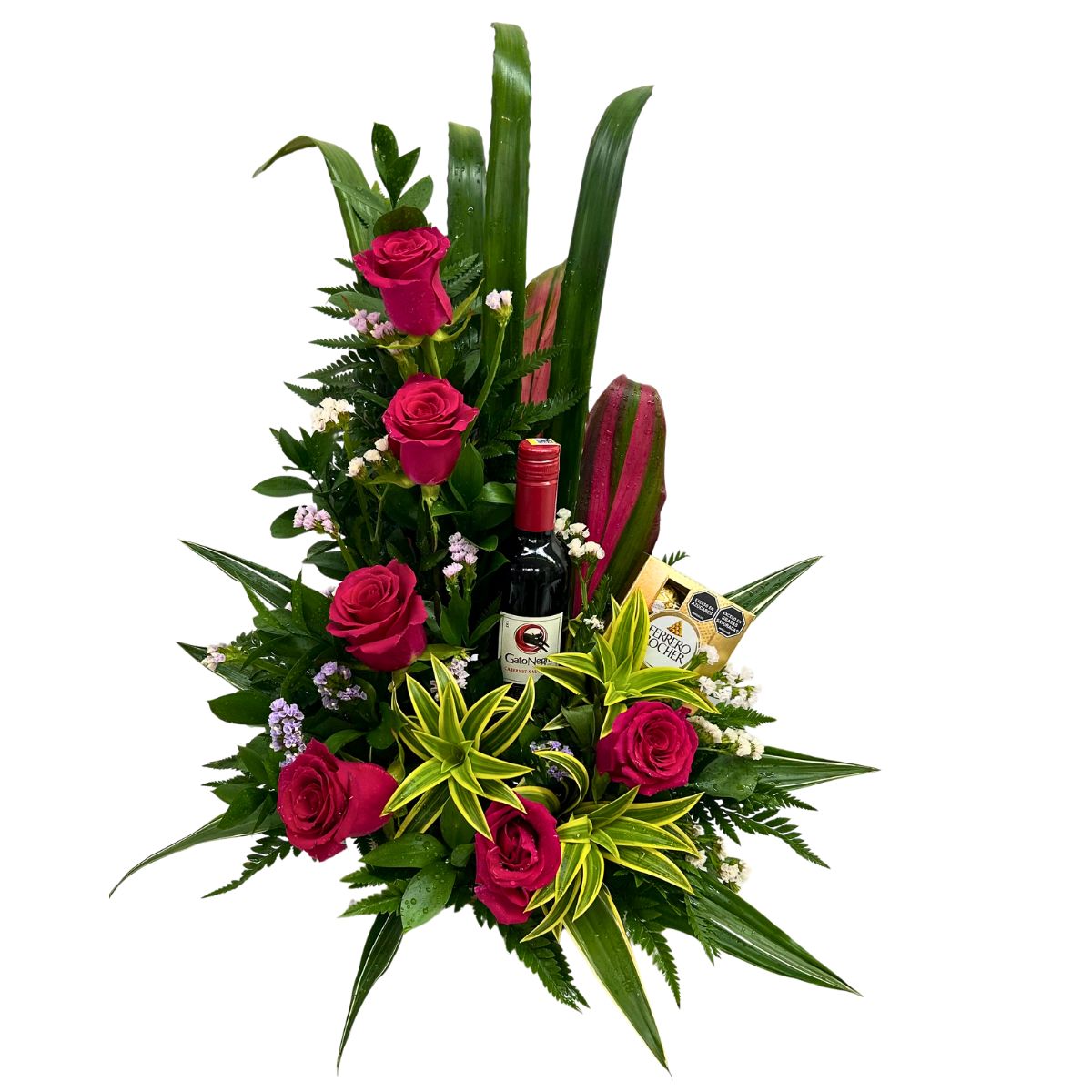 arreglo floral rosa choco ferrero vino gato negro