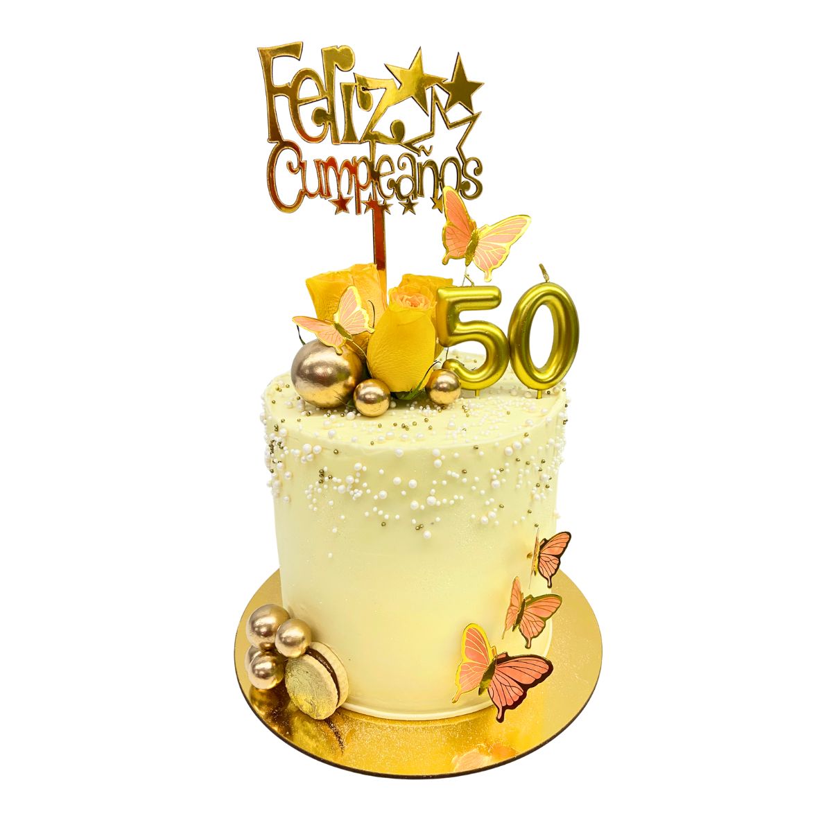 torta amarillo dorado flores mariposas