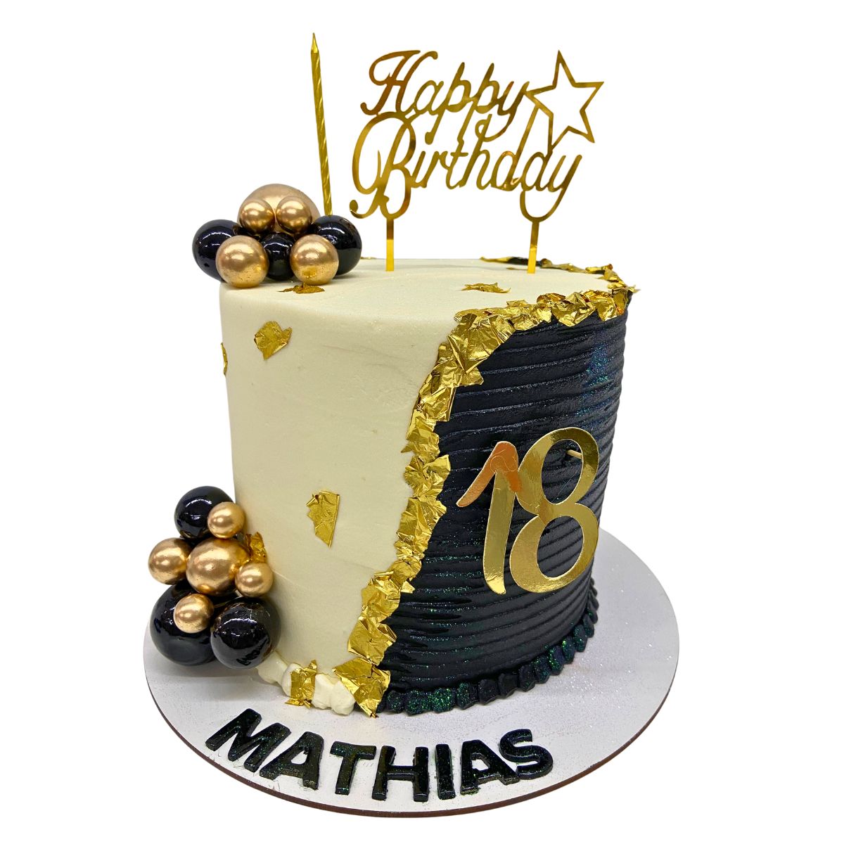 torta crema negro dorado topper bolitas