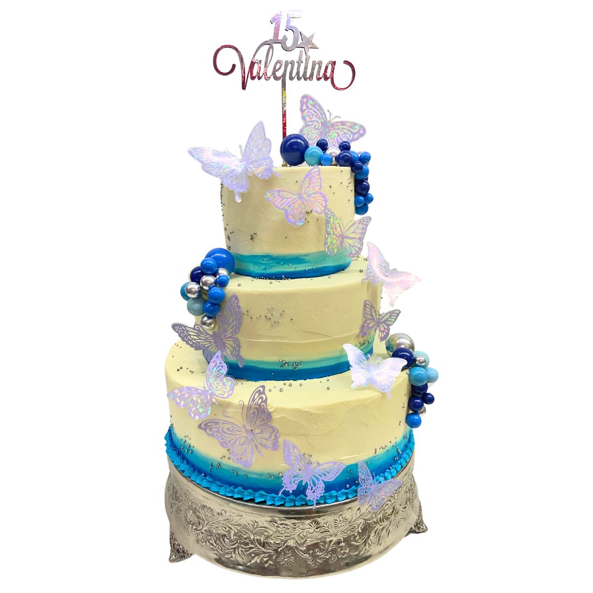 torta mariposas azul plata 3 pisos
