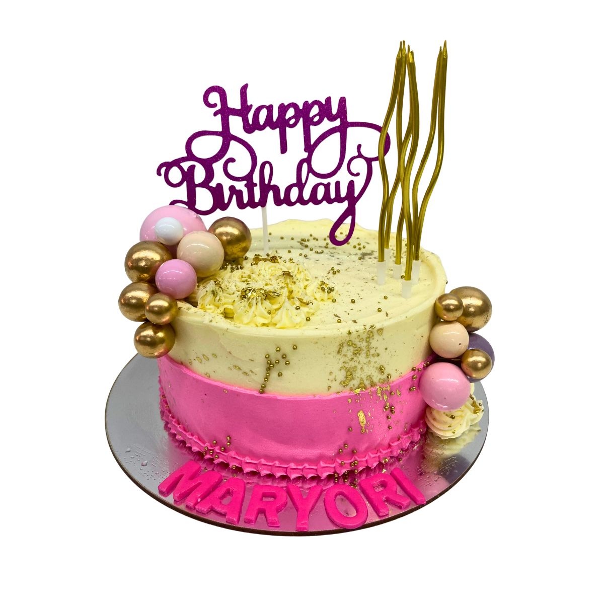 torta rosa crema bolitas topper vela