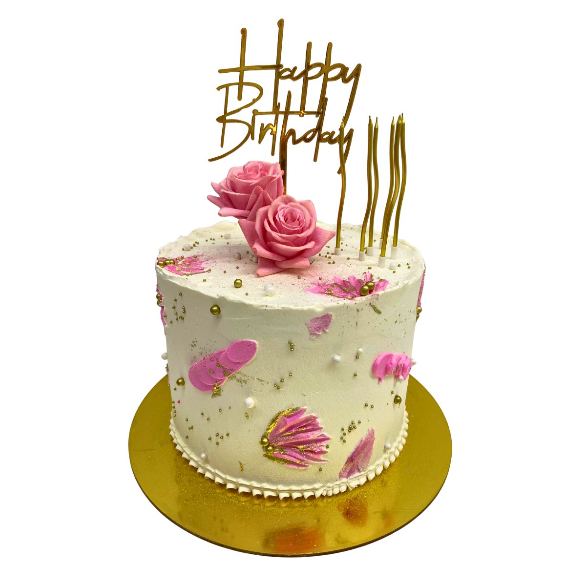torta rosada flores topper hbd