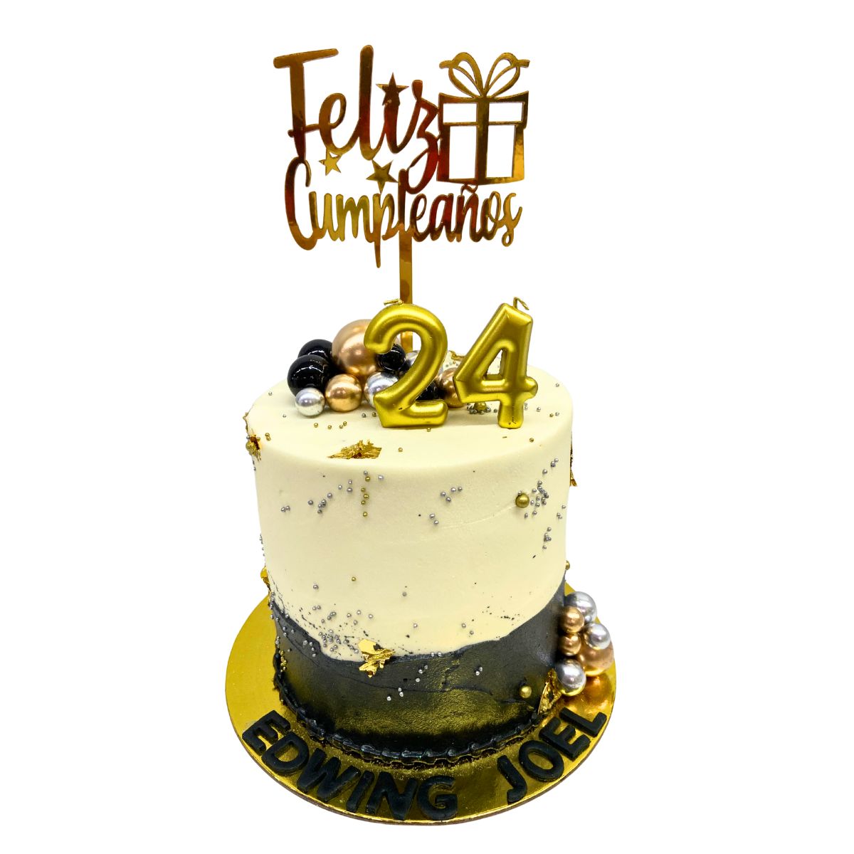 torta topper velas bolitas negro blanco dorado
