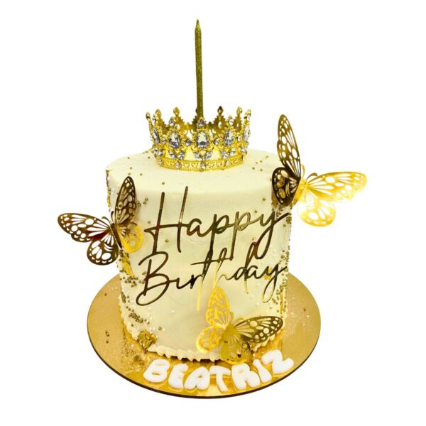 torta mariposas corona dorado