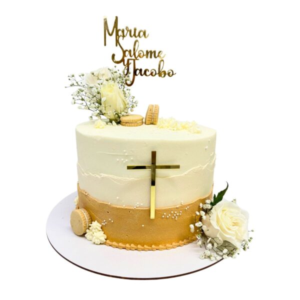 torta primera comunion cruz rosas topper