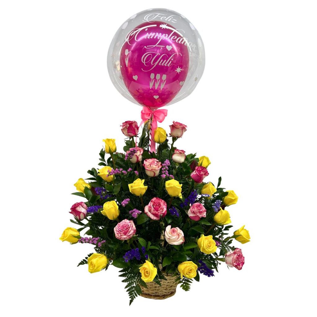 arreglo floral rosas burbuja canasta