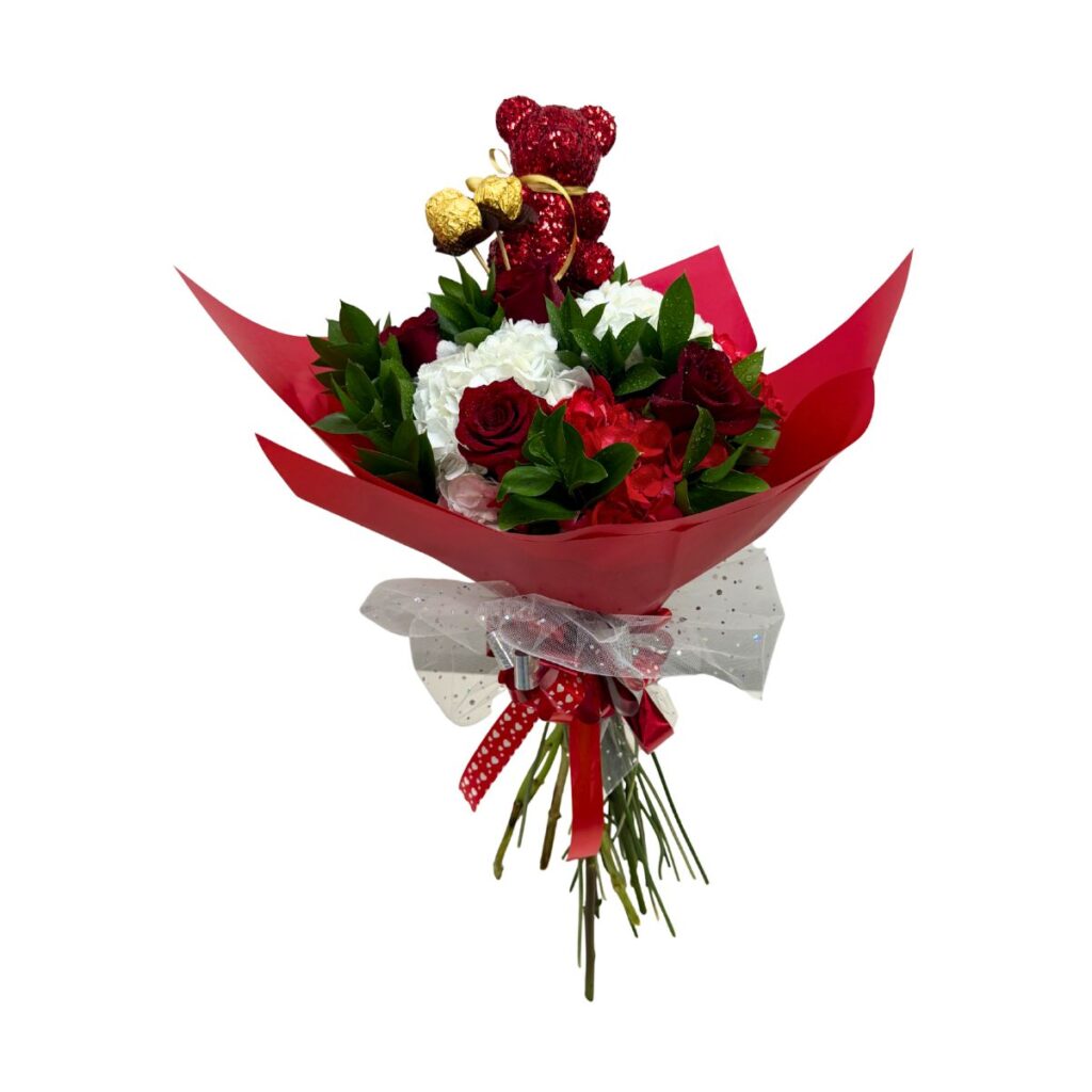 bouquet de rosas hortensias oso chocolates