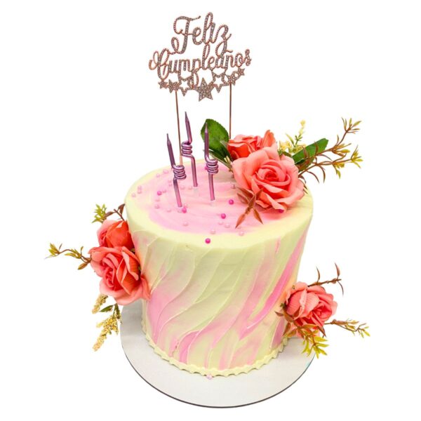 torta crema lineas topper flores